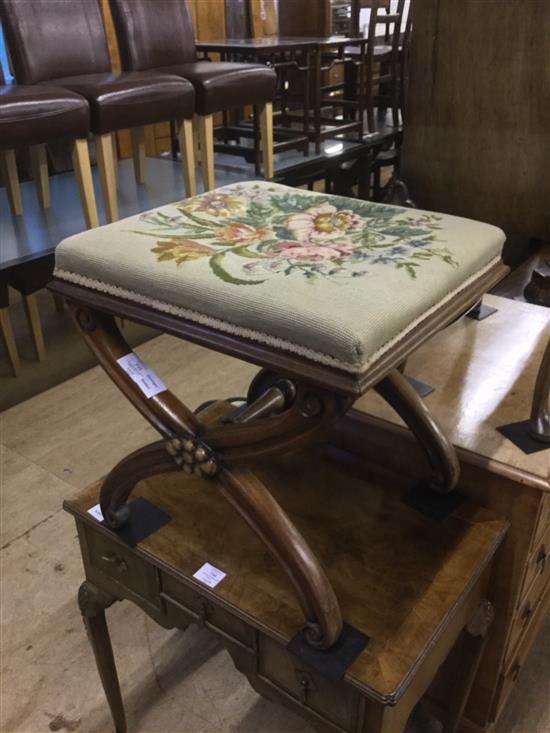 A Victorian mahogany X frame stool etc